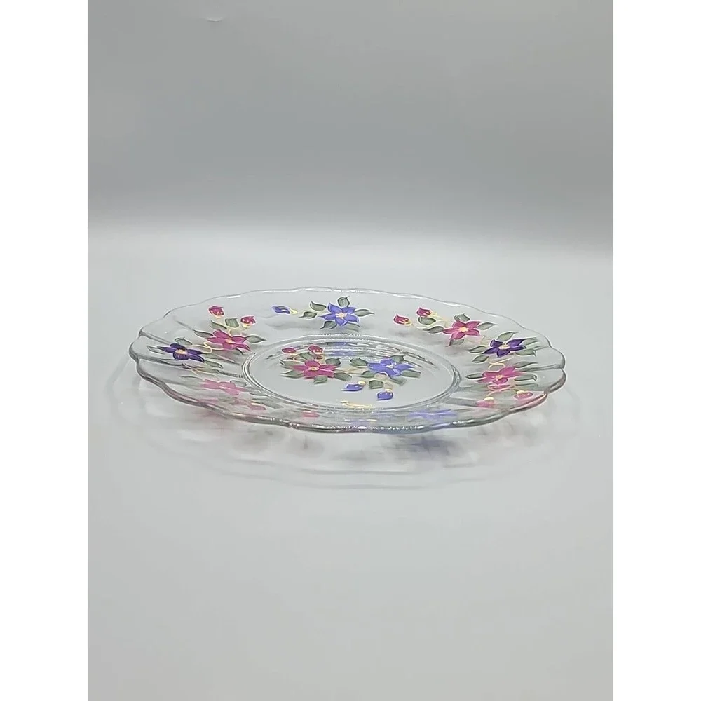 Art Glass Serving Dish Plate Signed Reverse Hand Painted Flowers Floral 9" - Picture 8 of 11
